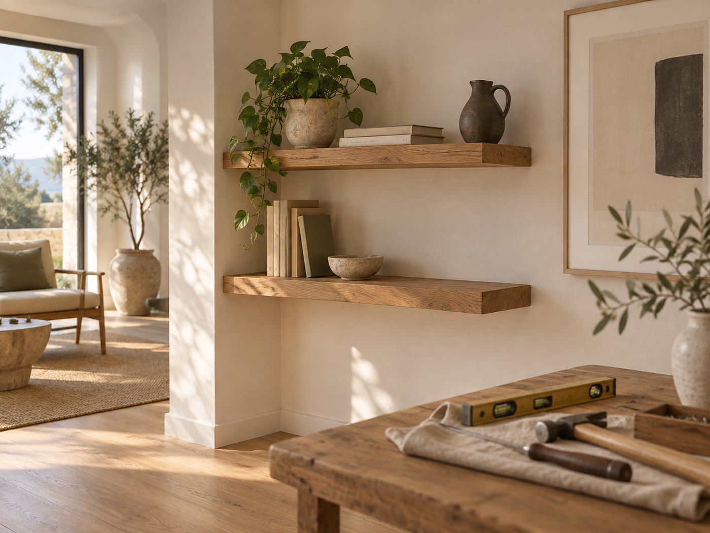 A cared-for interior with natural light: assembled wooden shelf with books and a plant, and work tools on a table