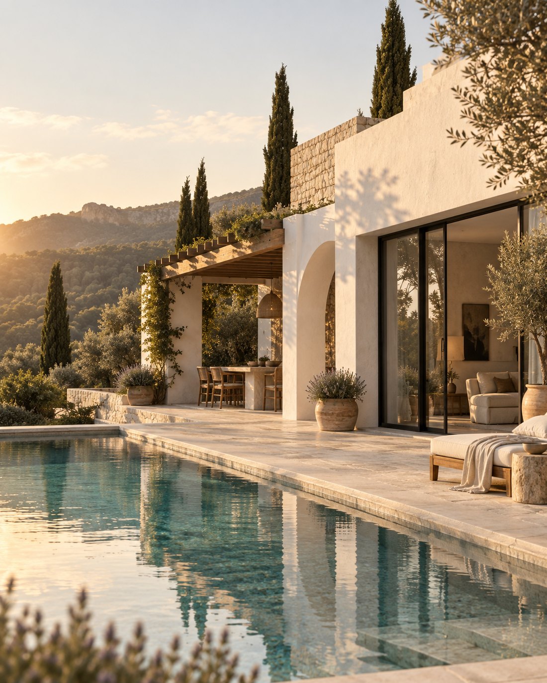 Mediterranean villa with terrace, pergola, pool and olive trees at sunset